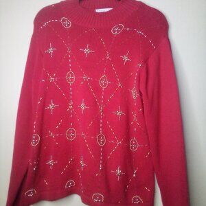 Victoria Jones Sweater Petite M Long Sleeve Beading Holiday Christmas Red
